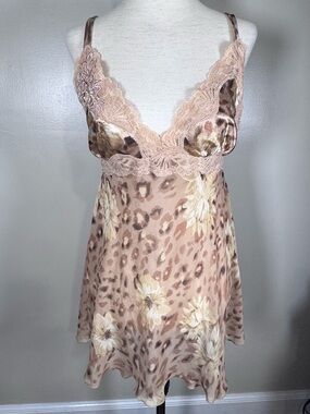 California Dynasty Sz M Leopard Print Satin Lace Beaded Y2K Chemise Lingerie Top